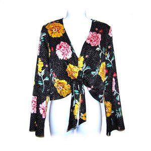 Topshop Satin Jacquard Floral Black Front Tie Top